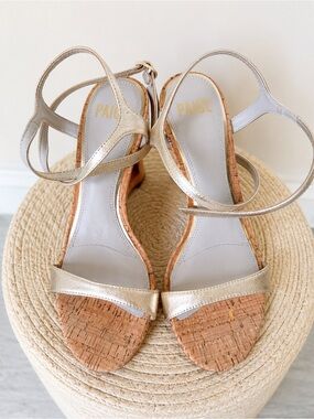 PAIGE Champagne Metallic Cork Wedge Sandals Gold Leather Ankle Strap Size 8